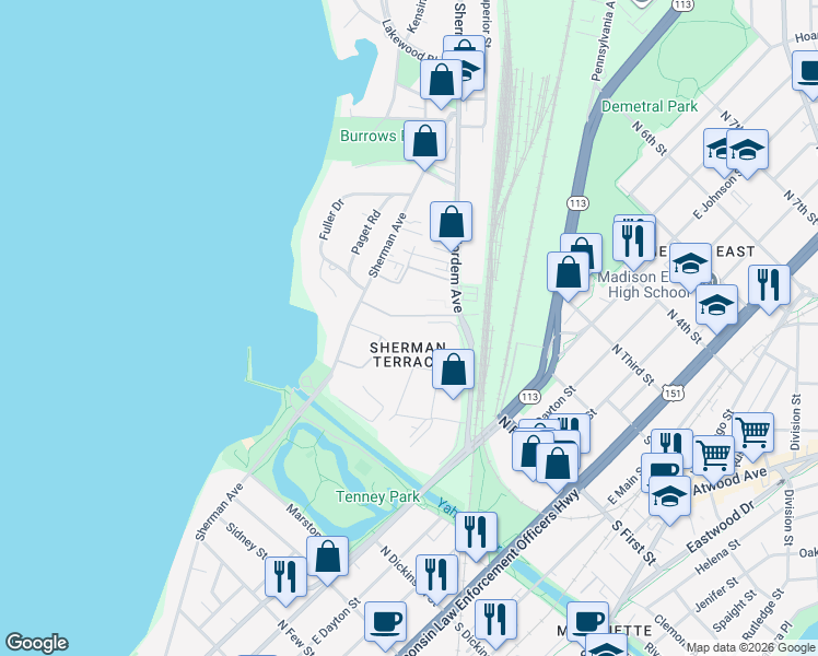 map of restaurants, bars, coffee shops, grocery stores, and more near 1810 Fordem Avenue in Madison