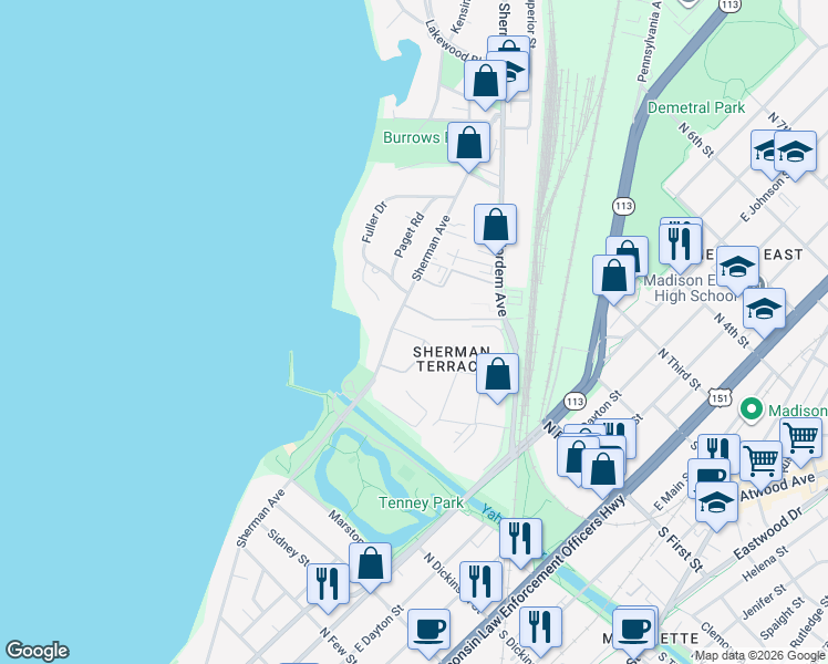 map of restaurants, bars, coffee shops, grocery stores, and more near 24 Sherman Terrace in Madison