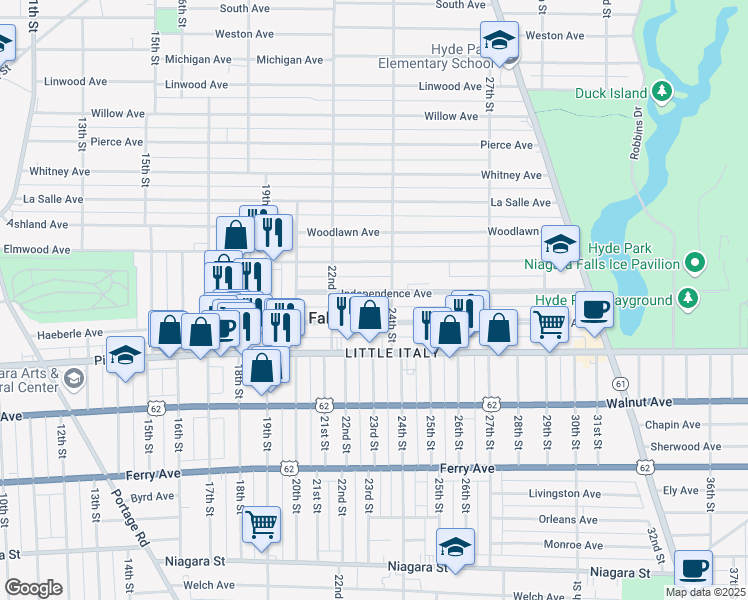 map of restaurants, bars, coffee shops, grocery stores, and more near 2243 Independence Avenue in Niagara Falls