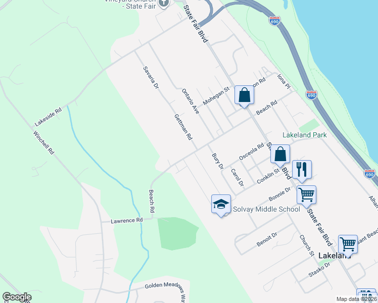 map of restaurants, bars, coffee shops, grocery stores, and more near 371 Beach Road in Syracuse