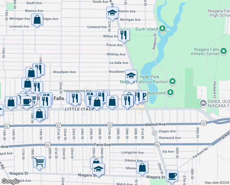 map of restaurants, bars, coffee shops, grocery stores, and more near 2712 Grand Avenue in Niagara Falls