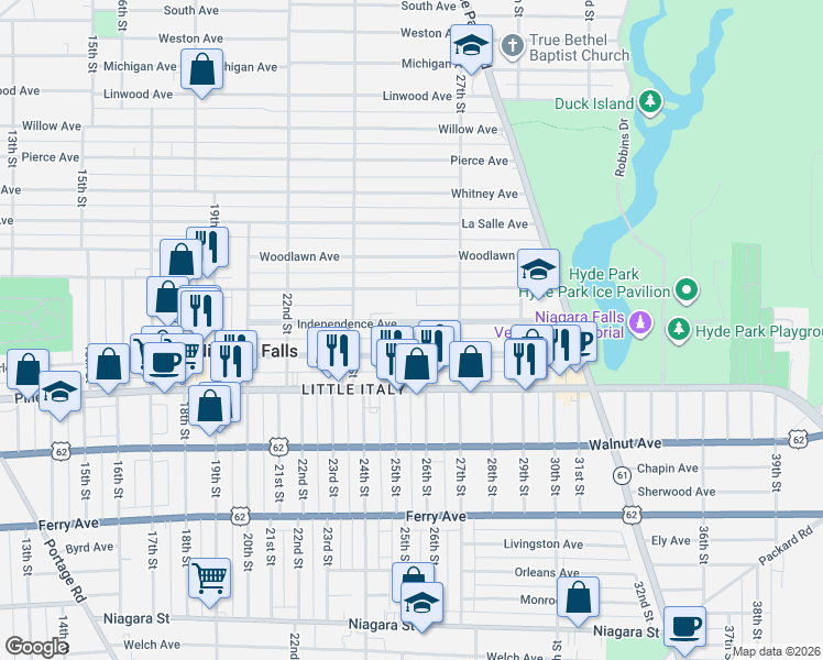 map of restaurants, bars, coffee shops, grocery stores, and more near 2442 Grand Avenue in Niagara Falls
