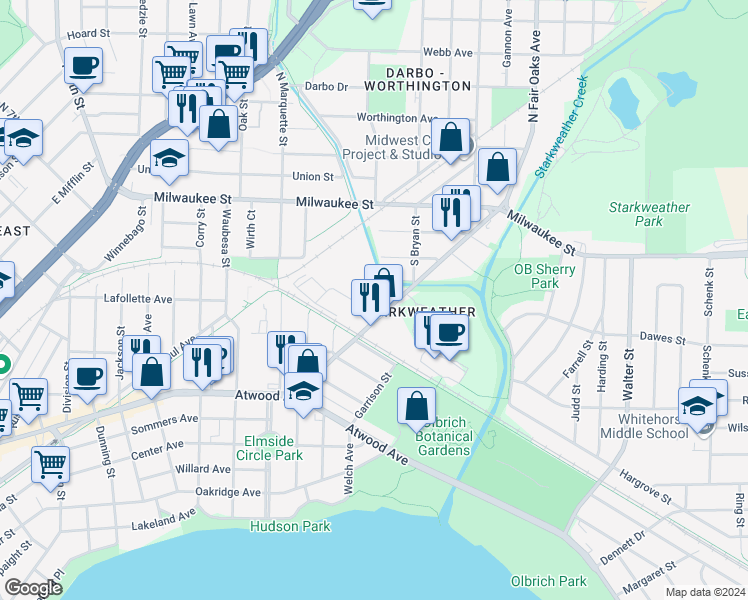 map of restaurants, bars, coffee shops, grocery stores, and more near 125 South Fair Oaks Avenue in Madison