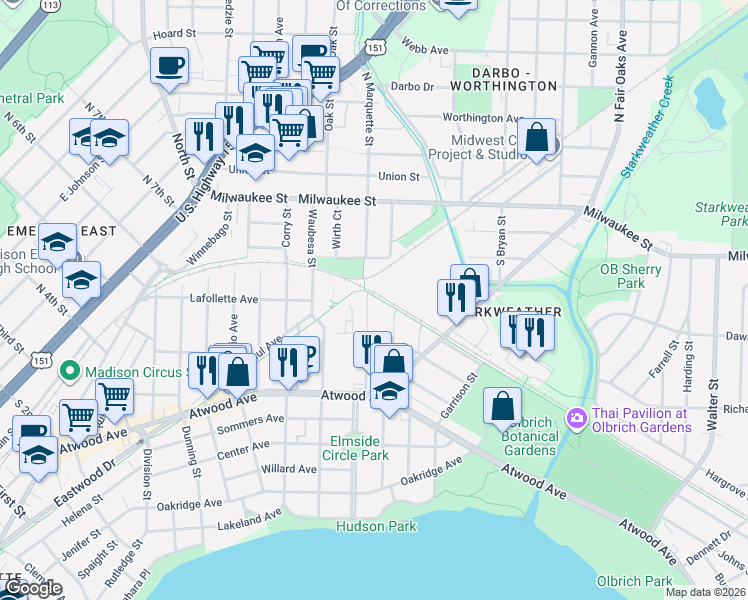 map of restaurants, bars, coffee shops, grocery stores, and more near 121 South Marquette Street in Madison
