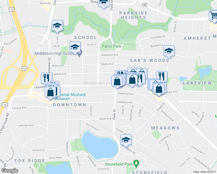 map of restaurants, bars, coffee shops, grocery stores, and more near 1906 Park Street in Middleton