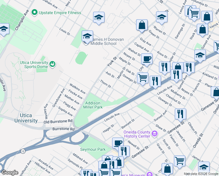map of restaurants, bars, coffee shops, grocery stores, and more near 1309 Thorn Street in Utica