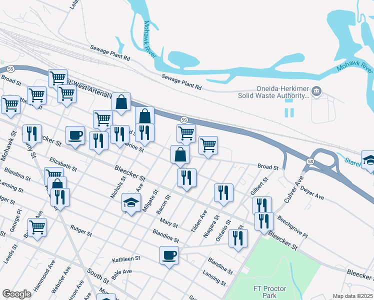 map of restaurants, bars, coffee shops, grocery stores, and more near 1301 Broad Street in Utica