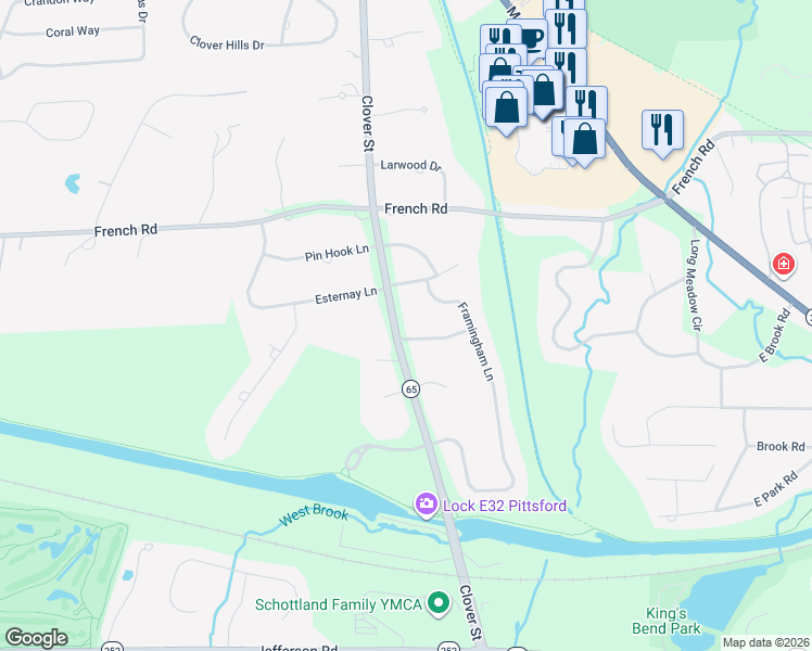 map of restaurants, bars, coffee shops, grocery stores, and more near 2704 Clover Street in Pittsford