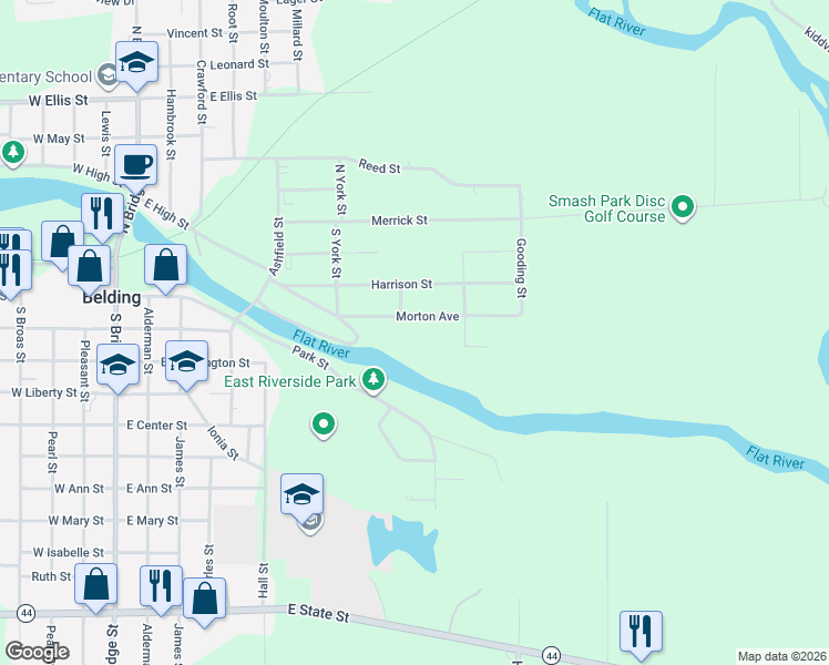 map of restaurants, bars, coffee shops, grocery stores, and more near 724 Riverside Avenue in Belding