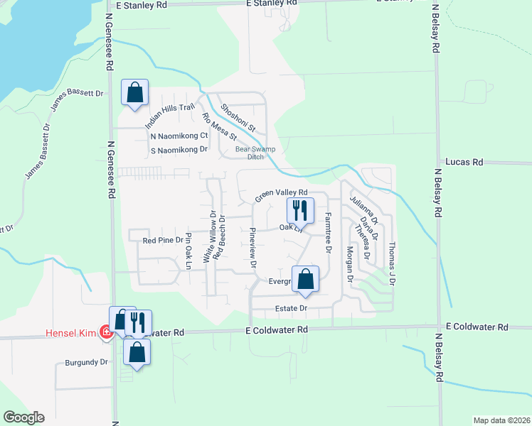 map of restaurants, bars, coffee shops, grocery stores, and more near 45 Pineview Drive in Flint