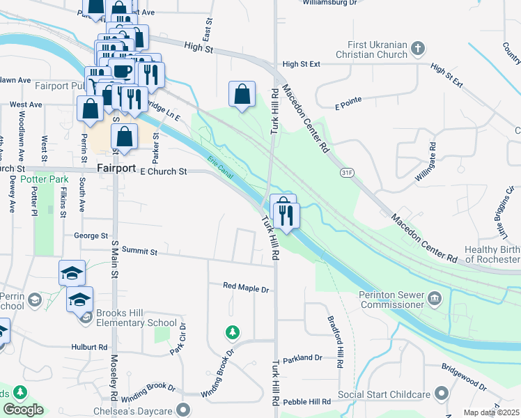map of restaurants, bars, coffee shops, grocery stores, and more near Turk Hill Rd & E Church St in Fairport