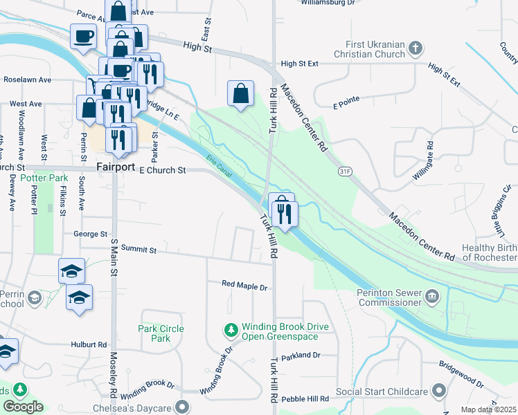 map of restaurants, bars, coffee shops, grocery stores, and more near 987 Turk Hill Road in Fairport