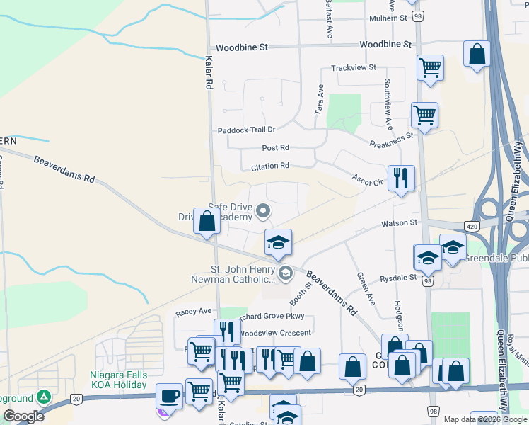 map of restaurants, bars, coffee shops, grocery stores, and more near 8132 Beaver Glen Drive in Niagara Falls