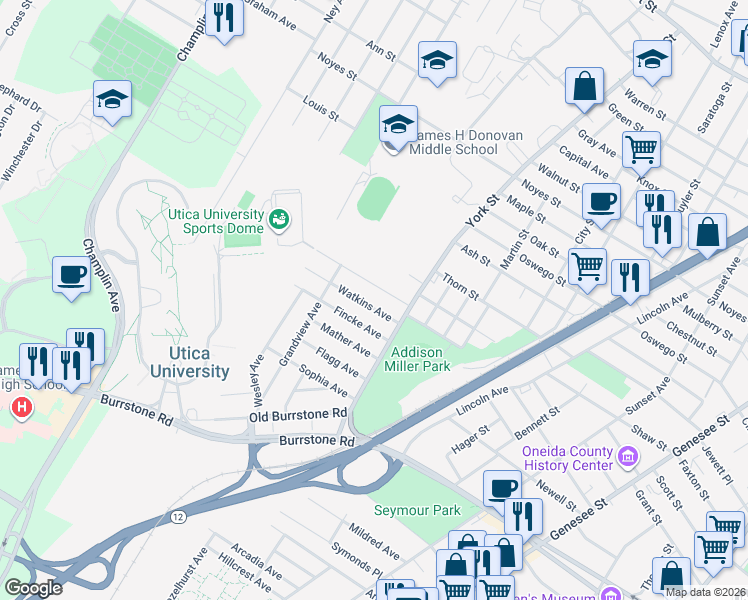 map of restaurants, bars, coffee shops, grocery stores, and more near 1412 Watkins Avenue in Utica