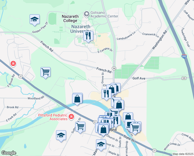 map of restaurants, bars, coffee shops, grocery stores, and more near 10 High Street in Pittsford