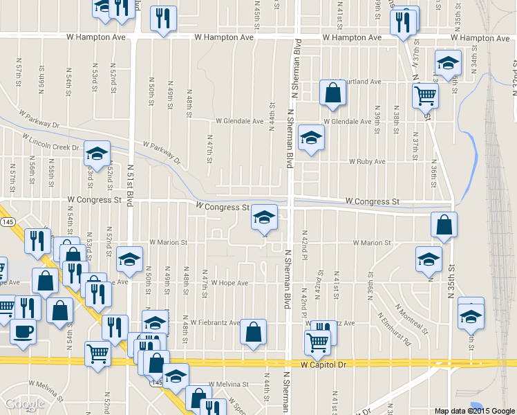 map of restaurants, bars, coffee shops, grocery stores, and more near 4398 North 44th Street in Milwaukee