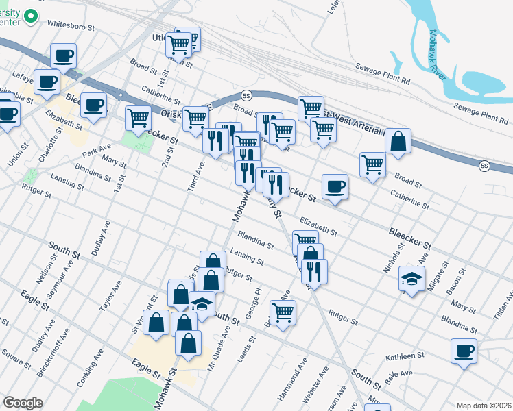 map of restaurants, bars, coffee shops, grocery stores, and more near 712 Elizabeth Street in Utica