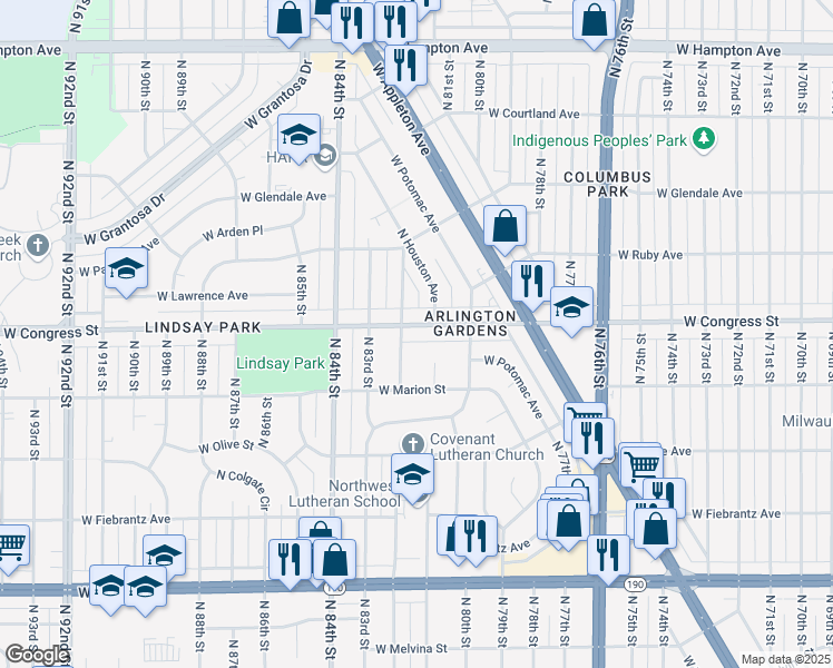 map of restaurants, bars, coffee shops, grocery stores, and more near 8121 West Congress Street in Milwaukee