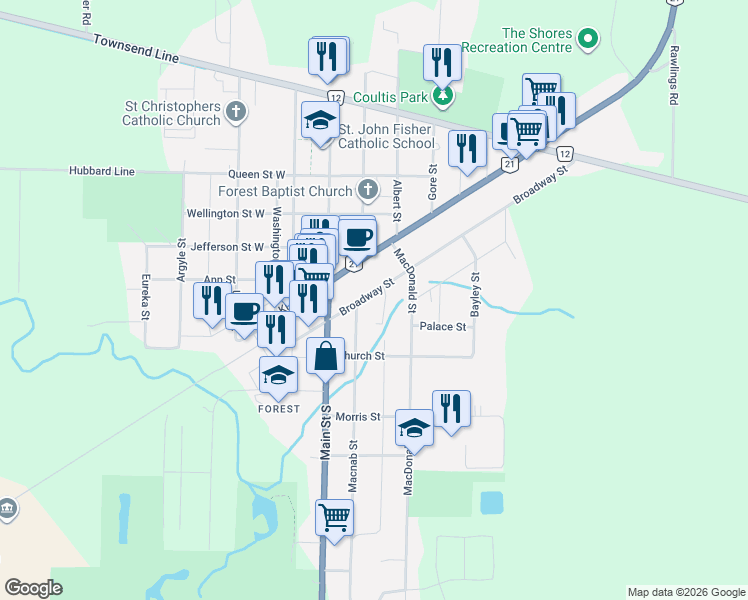 map of restaurants, bars, coffee shops, grocery stores, and more near 19 Broadway Street in Lambton Shores