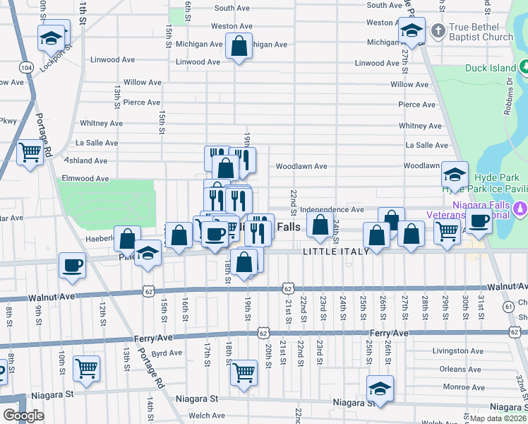 map of restaurants, bars, coffee shops, grocery stores, and more near 828 20th Street in Niagara Falls