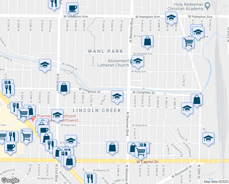 map of restaurants, bars, coffee shops, grocery stores, and more near W Congress St & N 44th St in Milwaukee