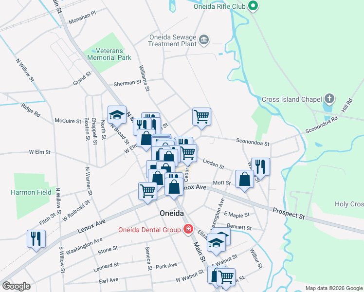 map of restaurants, bars, coffee shops, grocery stores, and more near 145 Madison Street in Oneida
