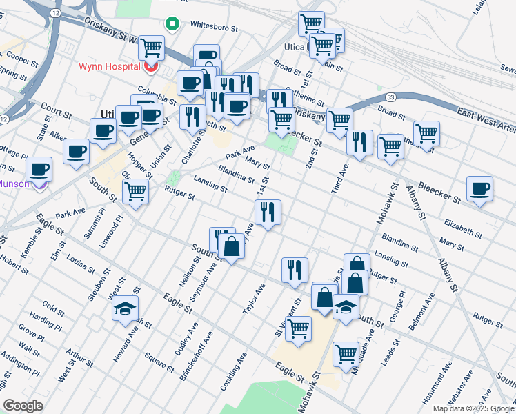 map of restaurants, bars, coffee shops, grocery stores, and more near 403 Rutger Street in Utica