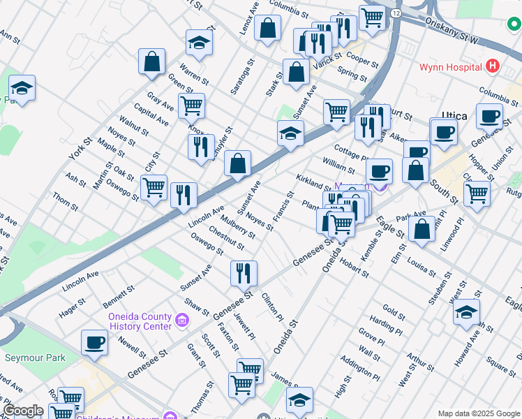 map of restaurants, bars, coffee shops, grocery stores, and more near 712 Noyes Street in Utica
