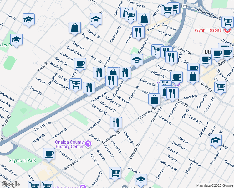 map of restaurants, bars, coffee shops, grocery stores, and more near 1410 Sunset Avenue in Utica
