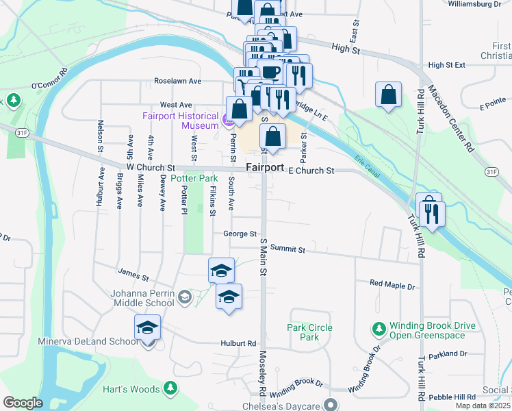map of restaurants, bars, coffee shops, grocery stores, and more near 147 New York 250 in Fairport