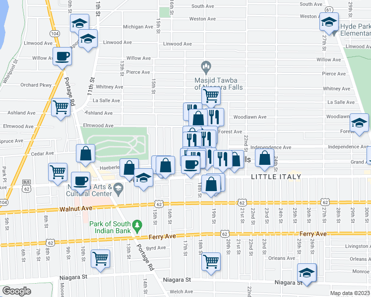 map of restaurants, bars, coffee shops, grocery stores, and more near 765 17th Street in Niagara Falls