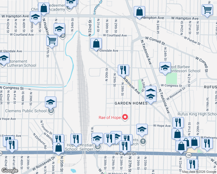 map of restaurants, bars, coffee shops, grocery stores, and more near 4355 North 29th Street in Milwaukee