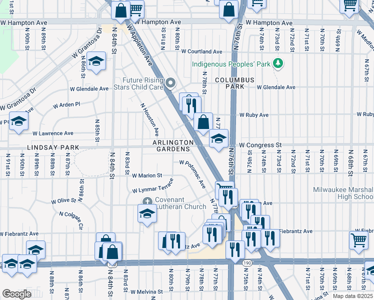map of restaurants, bars, coffee shops, grocery stores, and more near 7908 West Potomac Avenue in Milwaukee