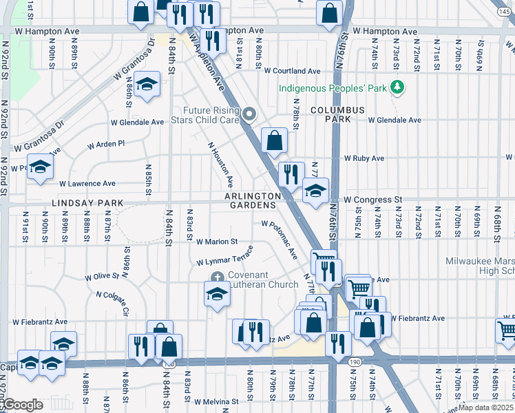 map of restaurants, bars, coffee shops, grocery stores, and more near 4355 North 80th Street in Milwaukee