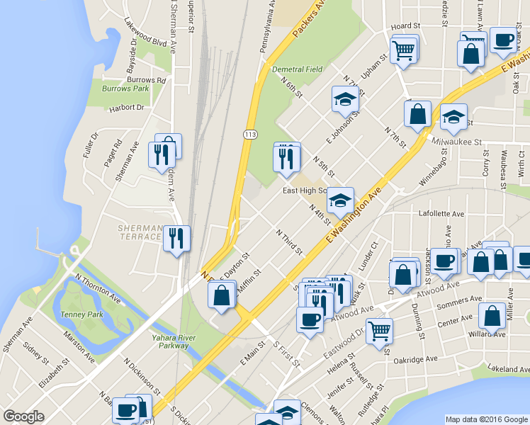 map of restaurants, bars, coffee shops, grocery stores, and more near 201 North Third Street in Madison