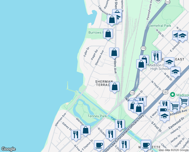 map of restaurants, bars, coffee shops, grocery stores, and more near 24 Sherman Terrace in Madison