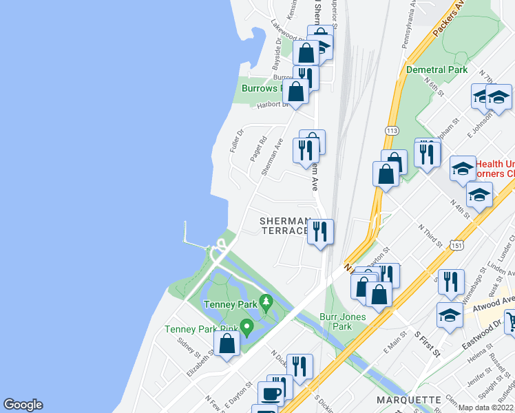 map of restaurants, bars, coffee shops, grocery stores, and more near 24 Sherman Terrace in Madison