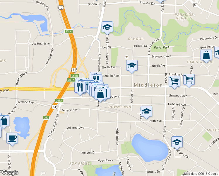 map of restaurants, bars, coffee shops, grocery stores, and more near University Avenue in Middleton