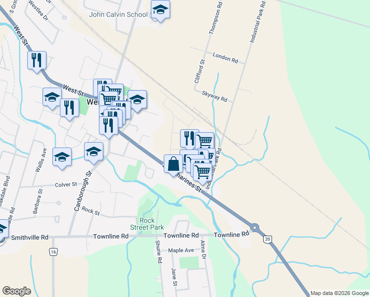 map of restaurants, bars, coffee shops, grocery stores, and more near 205 Saint Catharines Street in Smithville