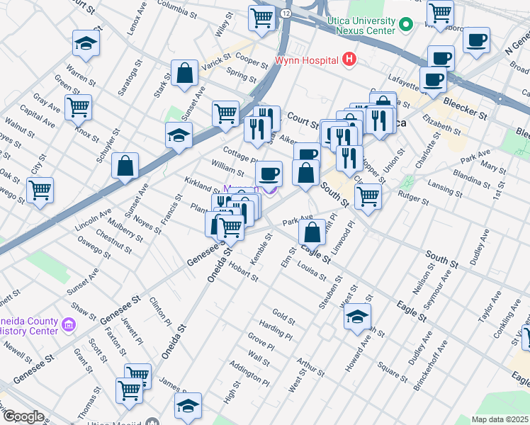 map of restaurants, bars, coffee shops, grocery stores, and more near 310 Genesee Street in Utica