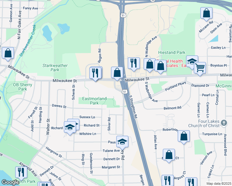 map of restaurants, bars, coffee shops, grocery stores, and more near 12 Dempsey Road in Madison