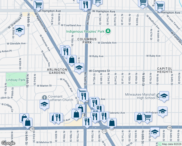 map of restaurants, bars, coffee shops, grocery stores, and more near 4346 North 76th Street in Milwaukee