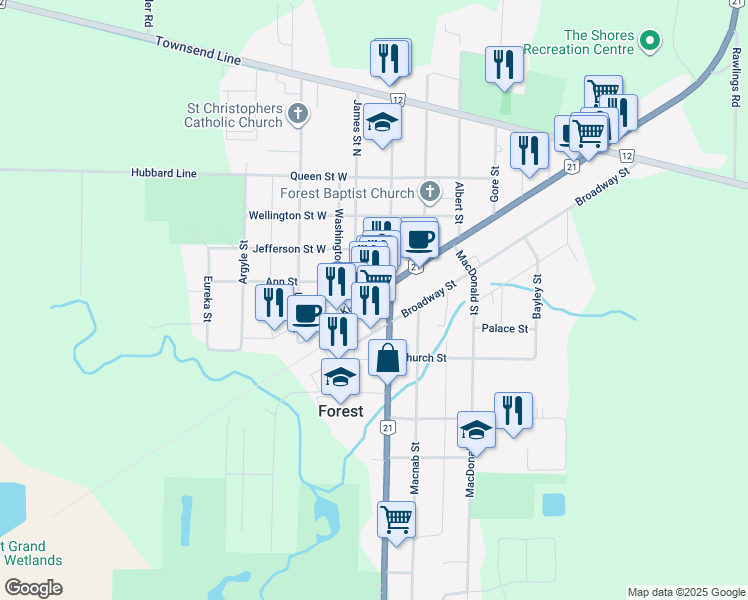 map of restaurants, bars, coffee shops, grocery stores, and more near 25 King Street West in Forest