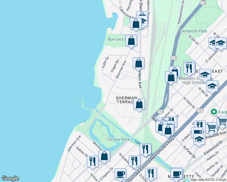 map of restaurants, bars, coffee shops, grocery stores, and more near 1650 Sherman Avenue in Madison
