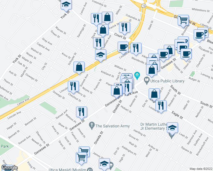 map of restaurants, bars, coffee shops, grocery stores, and more near 619 Plant Street in Utica
