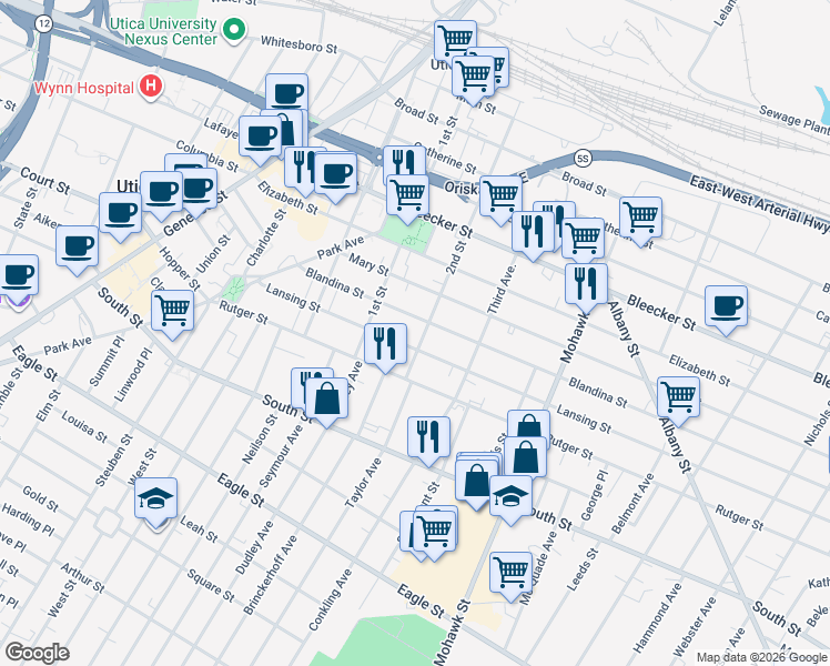 map of restaurants, bars, coffee shops, grocery stores, and more near 808 2nd Street in Utica