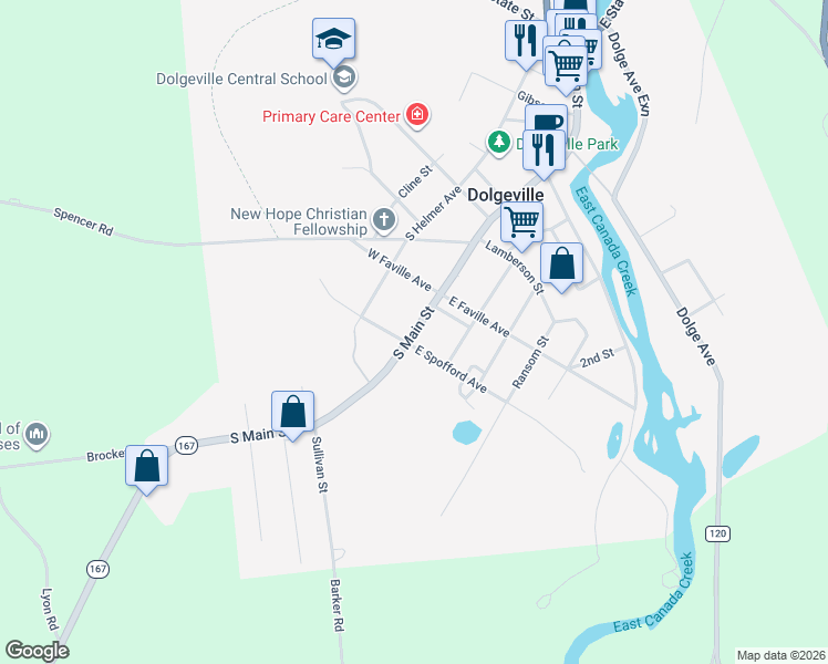 map of restaurants, bars, coffee shops, grocery stores, and more near South Main Street in Dolgeville
