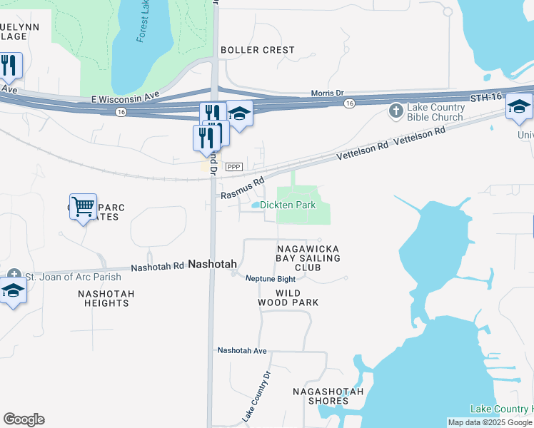 map of restaurants, bars, coffee shops, grocery stores, and more near N42W32818 Mooring Line Drive in Nashotah