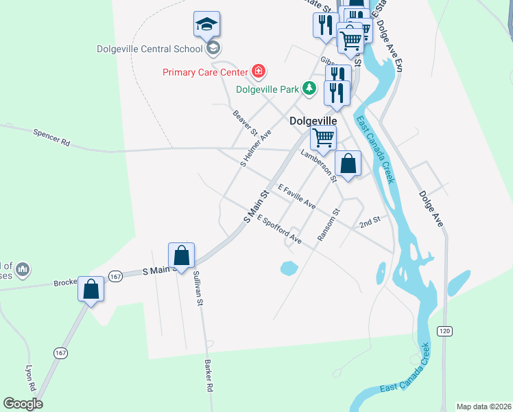 map of restaurants, bars, coffee shops, grocery stores, and more near South Main Street in Dolgeville