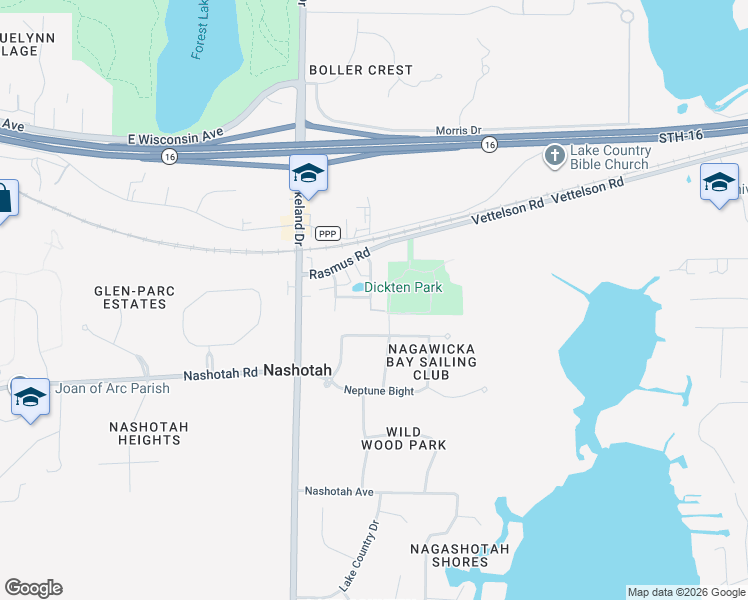 map of restaurants, bars, coffee shops, grocery stores, and more near N42W32818 Mooring Line Drive in Nashotah